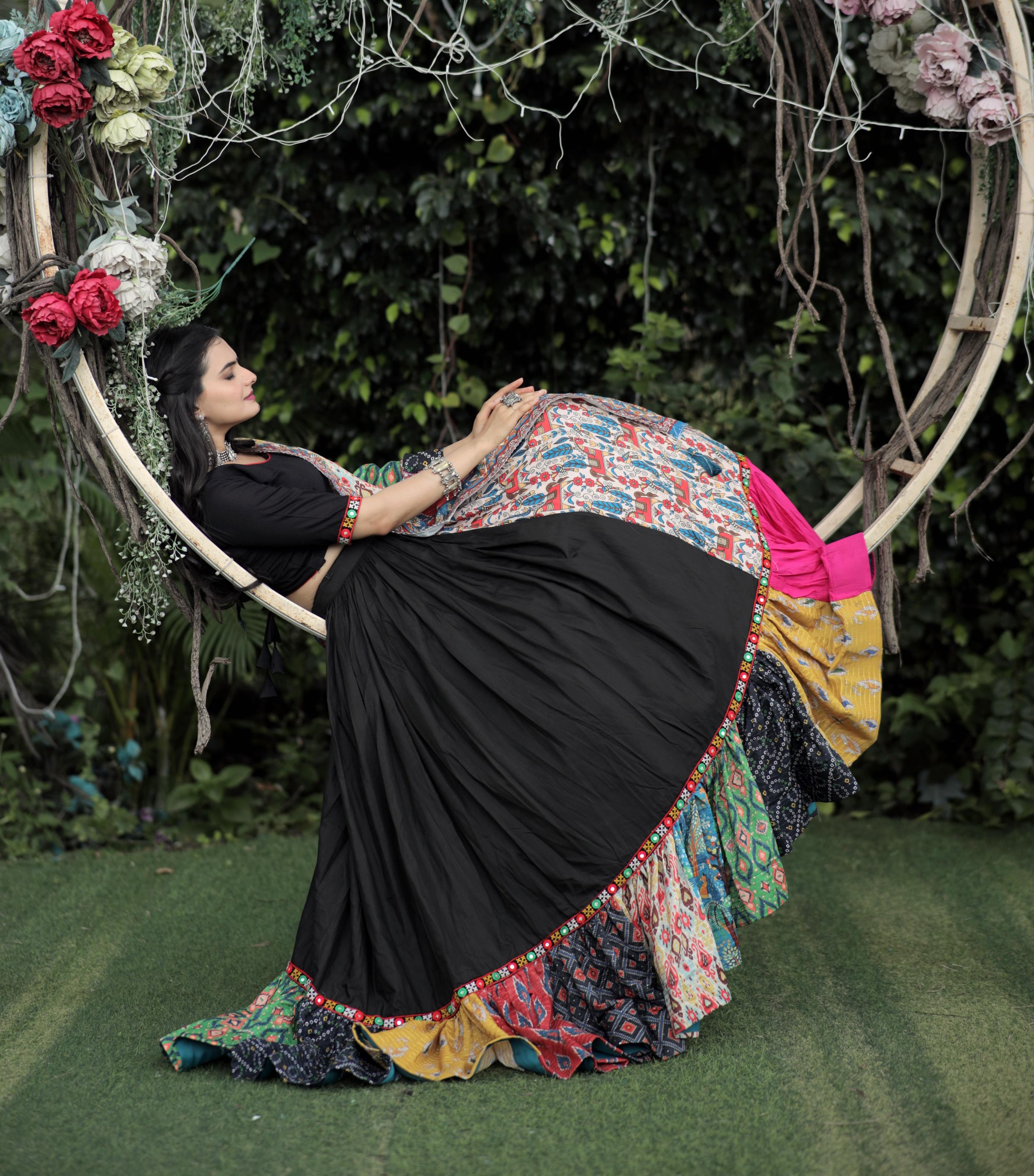 Lorenvalley Black Premium Rayon Lehenga with Choli with Digital Printed with Gotta Patti Lace Border Dupatta Set - Distacart