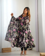 Thumbnail for Lorenvalley Soft Organza Silk With Floral Print Fully Flared Anarkali Pant With Dupatta Set - Black - Distacart