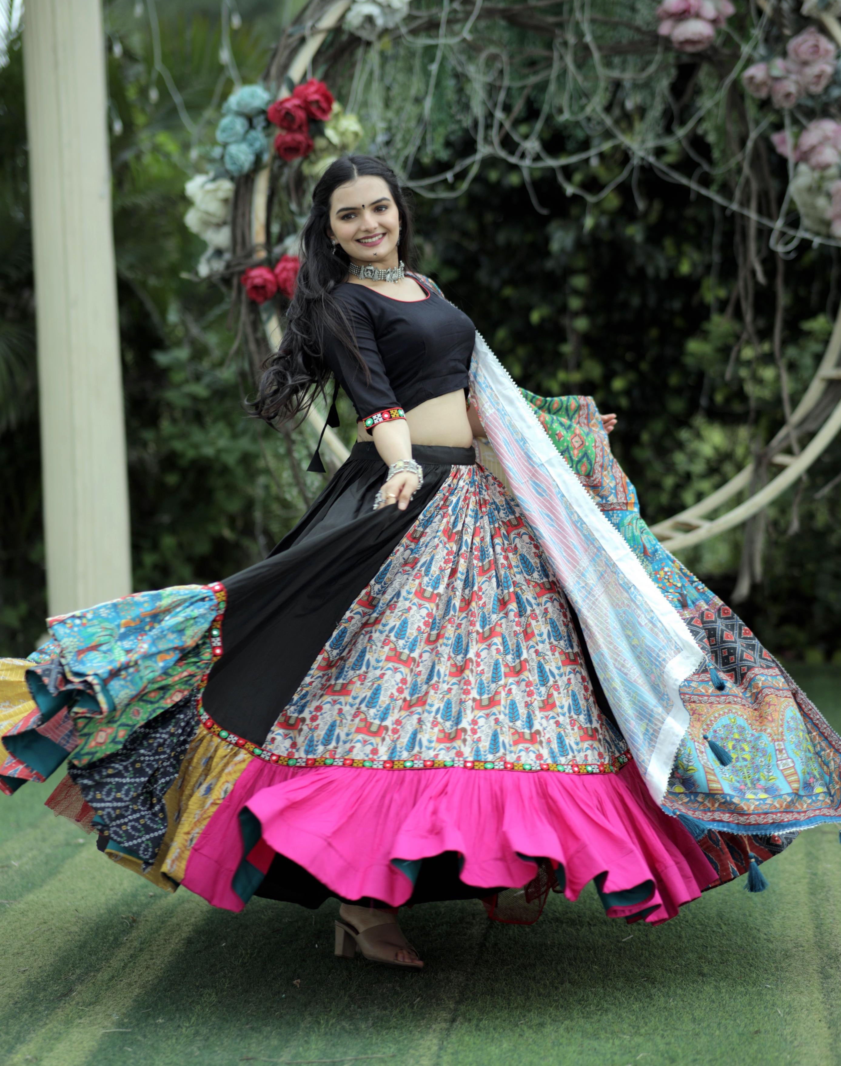 Lorenvalley Black Premium Rayon Lehenga with Choli with Digital Printed with Gotta Patti Lace Border Dupatta Set - Distacart