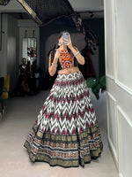 Thumbnail for Lorenvalley Tussar Silk Black Leheriya Print with Foil Print and Paper Mirror Work Lace Lehenga Choli with Dupatta - Distacart