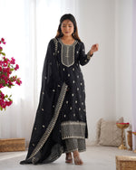 Thumbnail for Lorenvalley Black Chinon Silk Embroidery Sequence and Jari Work Kurta Trousers with Dupatta Set