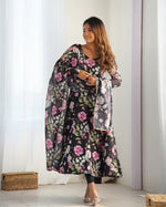 Thumbnail for Lorenvalley Soft Organza Silk With Floral Print Fully Flared Anarkali Pant With Dupatta Set - Black - Distacart