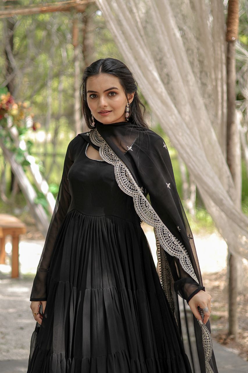 Evanik Black Faux Blooming Gown With Dupatta With Rich Sequins Embroidered work