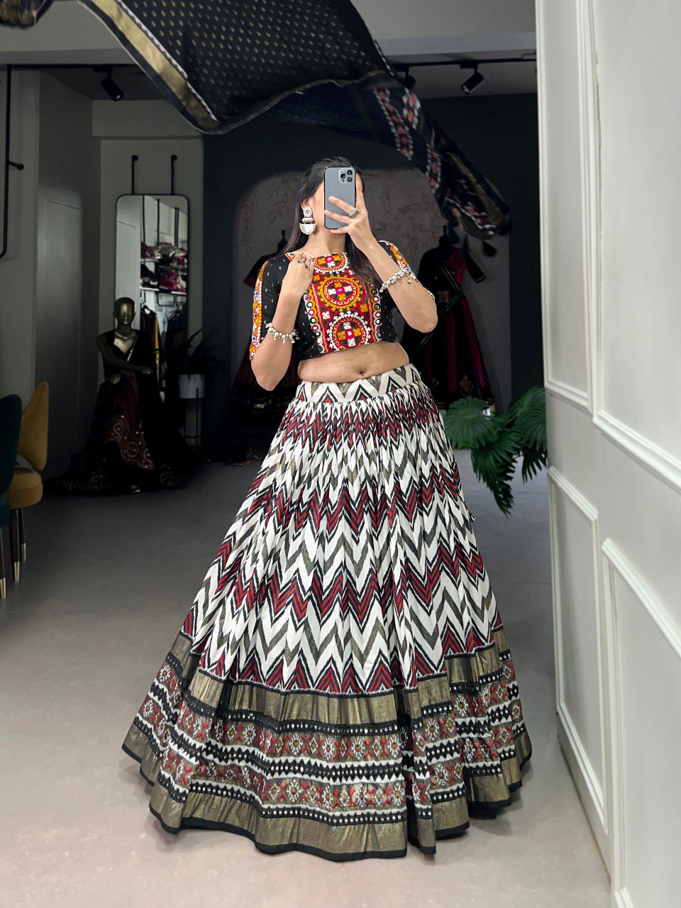 Lorenvalley Black Tussar Silk Leheriya Print with Foil Print and Paper Mirror Work Lace Lehenga Choli with Dupatta - Distacart