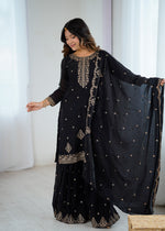Thumbnail for Lorenvalley Black Soft Crunchy Silk with Embroidery Sequence and Jari Work Kurta Palazzo with Dupatta