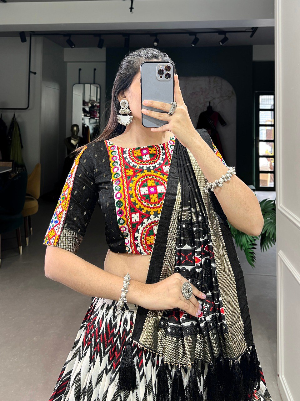 Lorenvalley Black Tussar Silk Leheriya Print with Foil Print and Paper Mirror Work Lace Lehenga Choli with Dupatta - Distacart