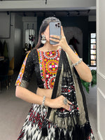 Thumbnail for Lorenvalley Black Tussar Silk Leheriya Print with Foil Print and Paper Mirror Work Lace Lehenga Choli with Dupatta - Distacart