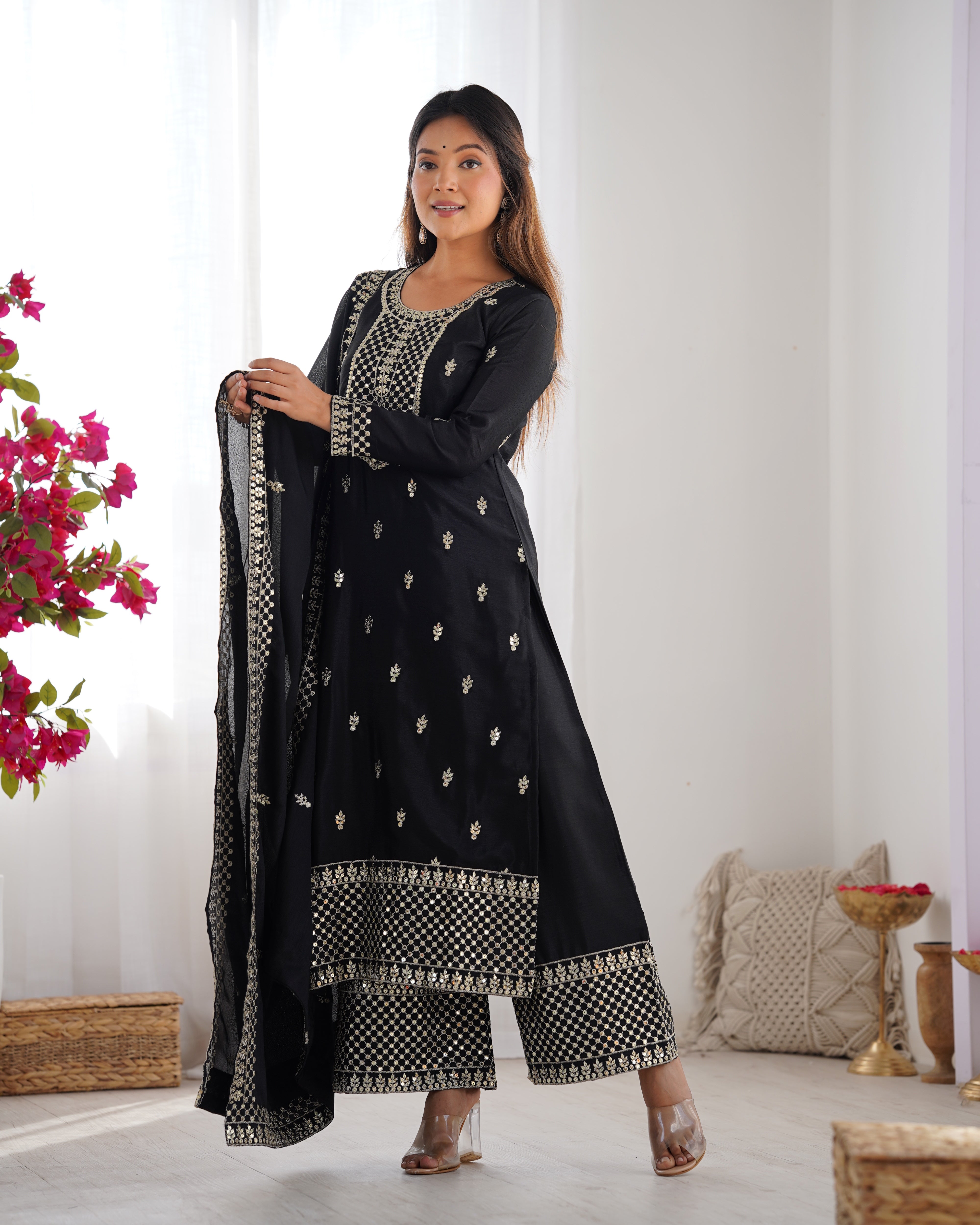Lorenvalley Black Chinon Silk Embroidery Sequence and Jari Work Kurta Trousers with Dupatta Set