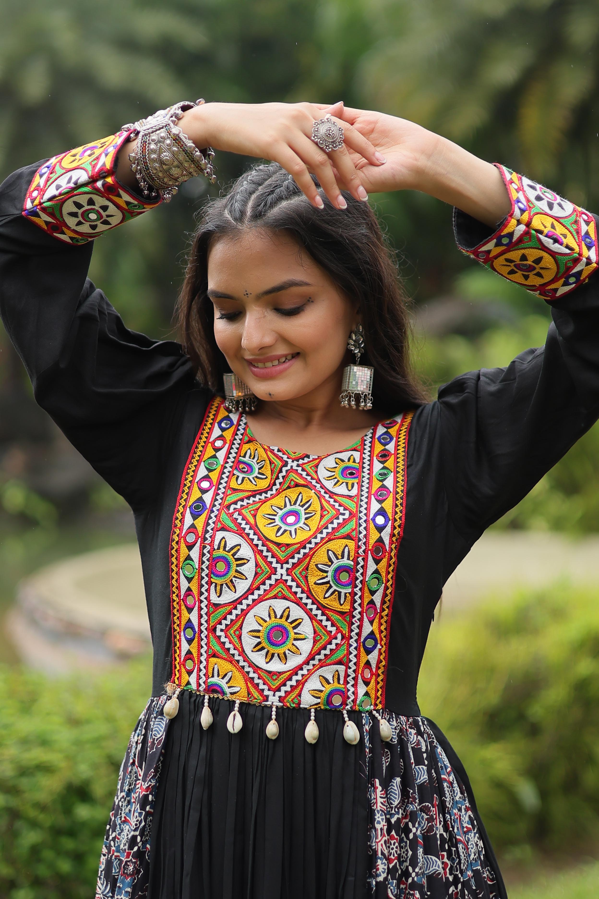 Lorenvalley Black Rayon Contrast of Printed with Kutchi Gamthi work Gown