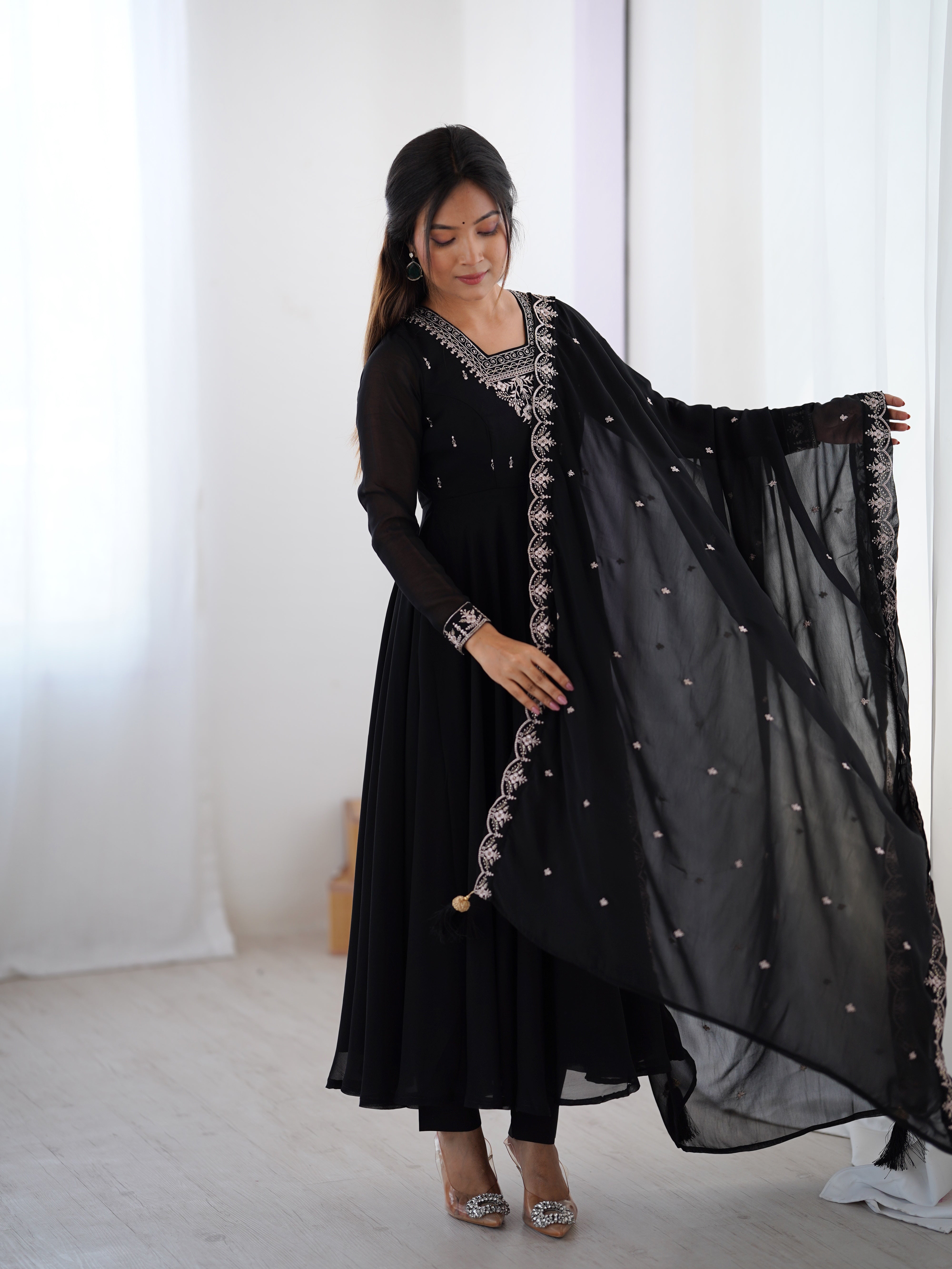 Lorenvalley Black Faux Georgette Fancy Embroidery Beads And Jari Work Anarkali Kurta Palazzo With Dupatta Set