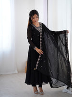 Thumbnail for Lorenvalley Black Faux Georgette Fancy Embroidery Beads And Jari Work Anarkali Kurta Palazzo With Dupatta Set