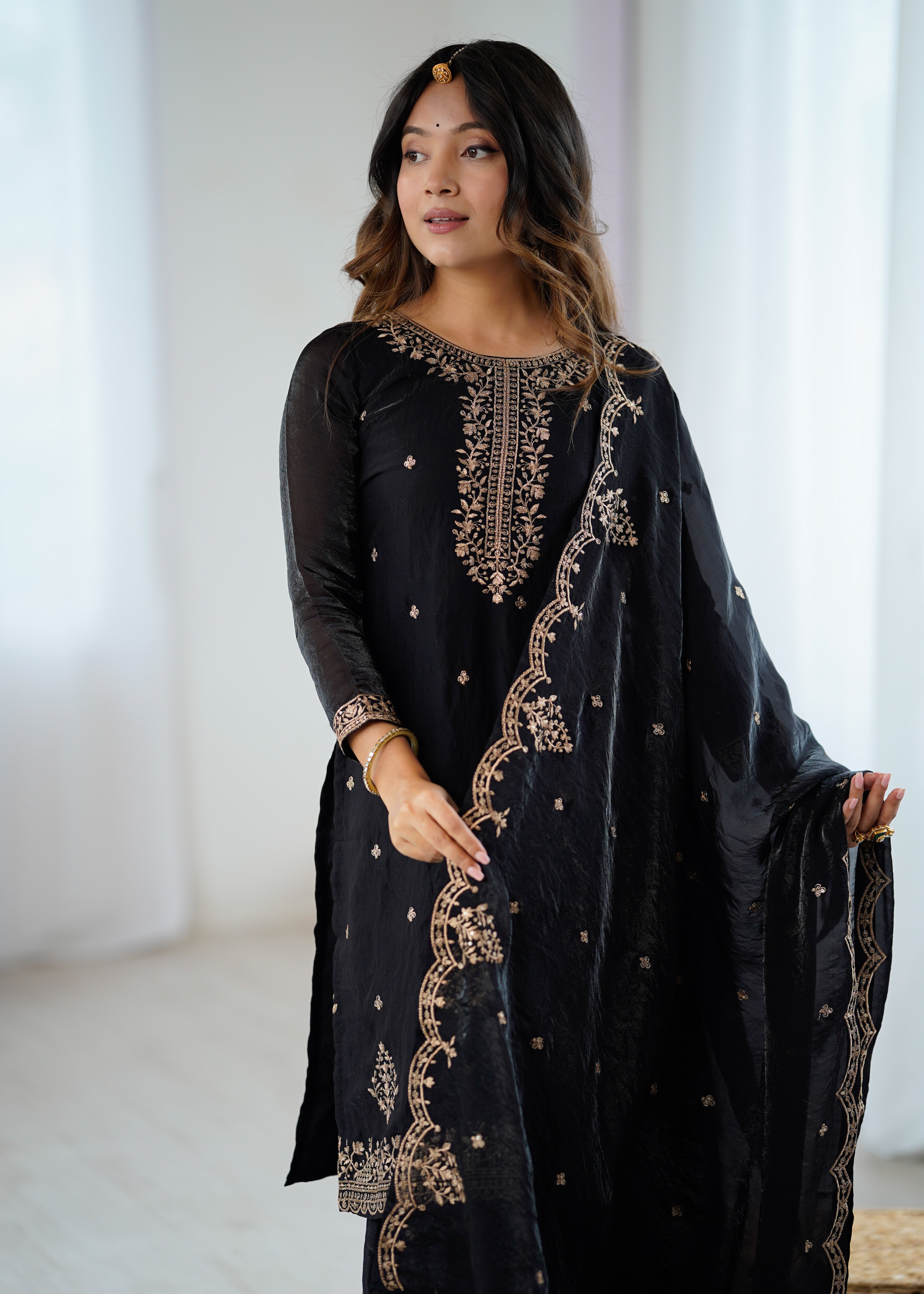 Lorenvalley Black Soft Crunchy Silk with Embroidery Sequence and Jari Work Kurta Palazzo with Dupatta