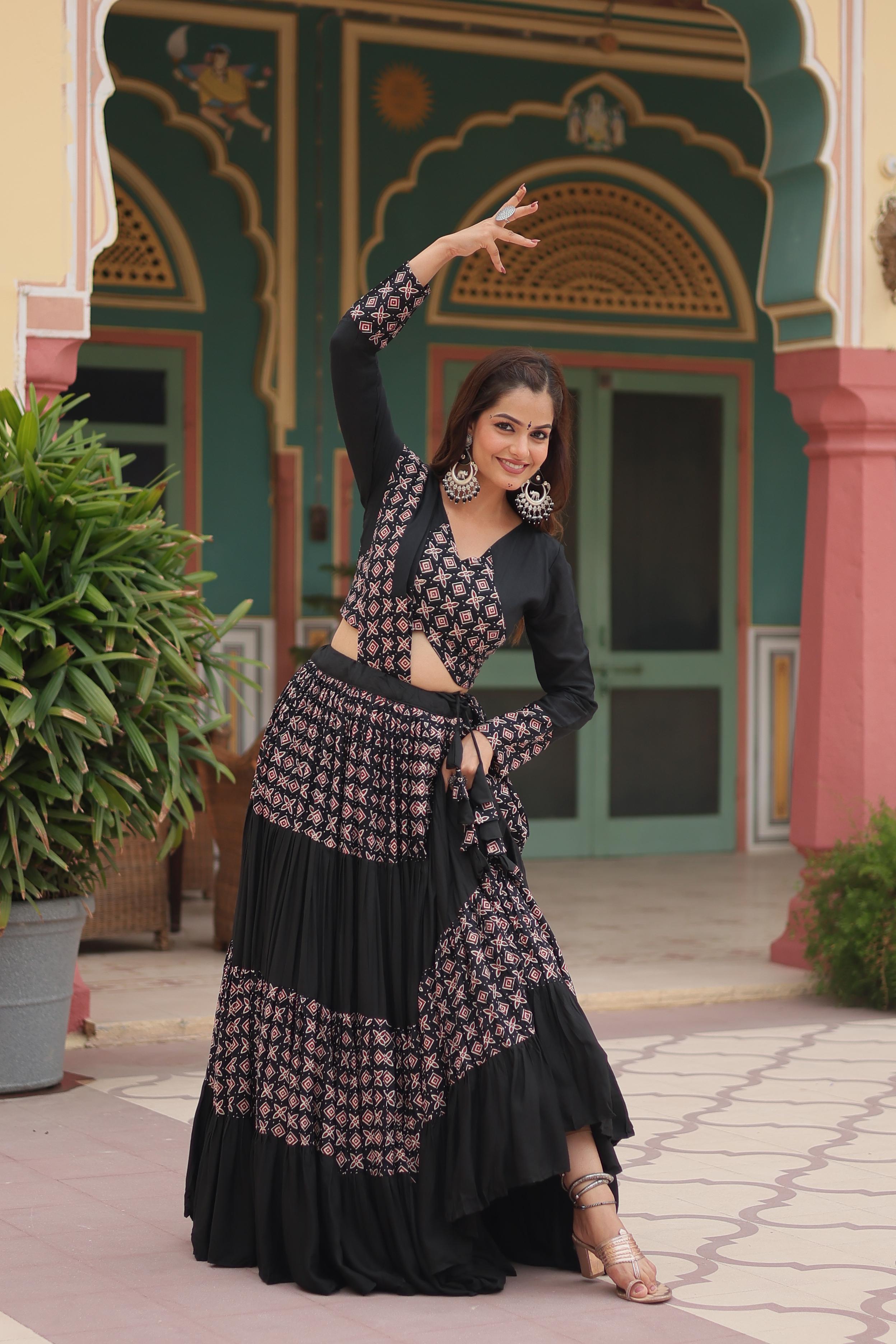 Lorenvalley Black Printed Rayon Navratri Collection Lehenga Choli with Dupatta - Distacart