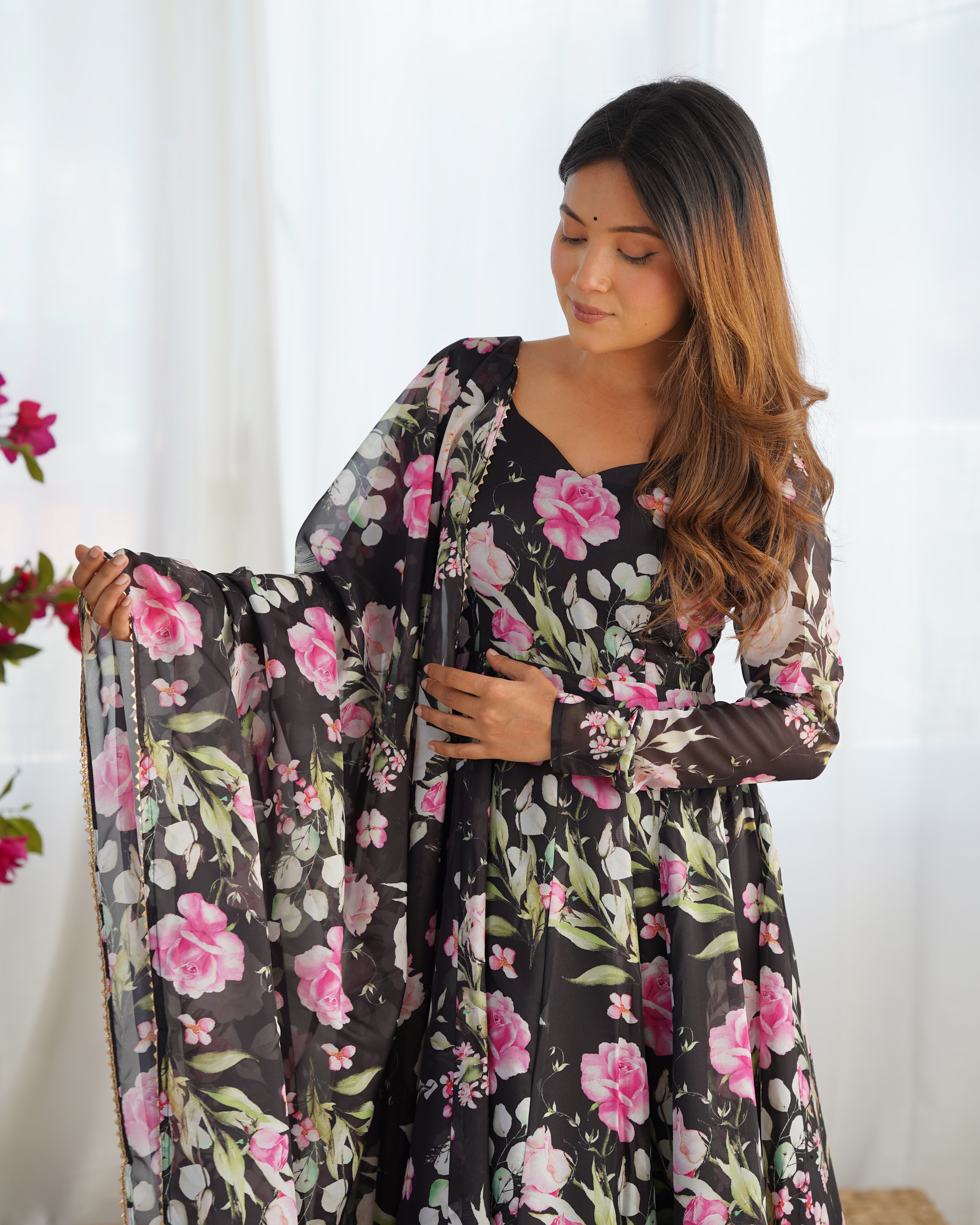 Lorenvalley Soft Organza Silk With Floral Print Fully Flared Anarkali Pant With Dupatta Set - Black - Distacart