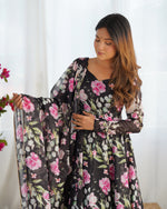 Thumbnail for Lorenvalley Soft Organza Silk With Floral Print Fully Flared Anarkali Pant With Dupatta Set - Black - Distacart
