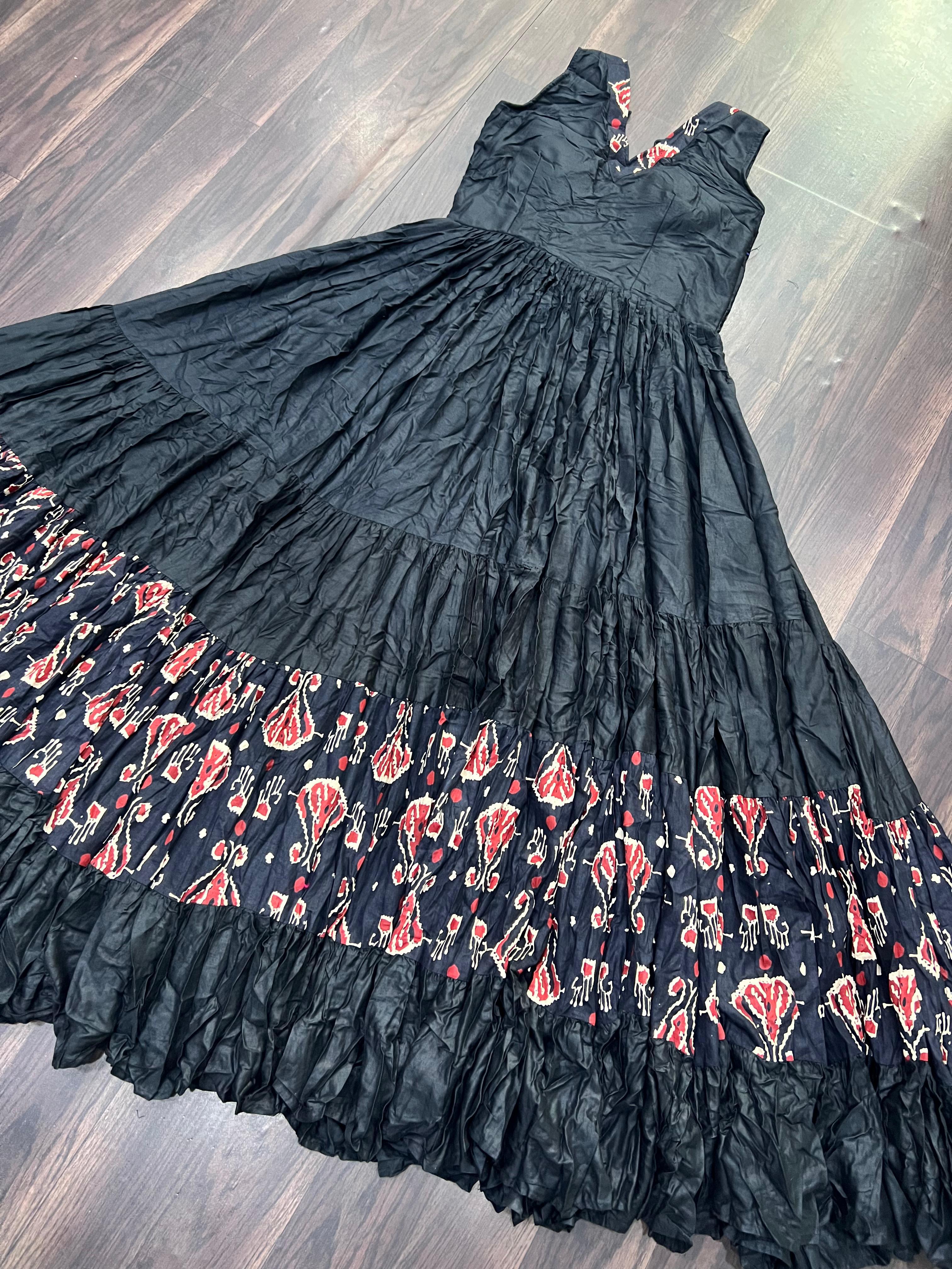 Lorenvalley Black Rayon Fabric with Printed Attached In Frill And Neck Gown - Distacart