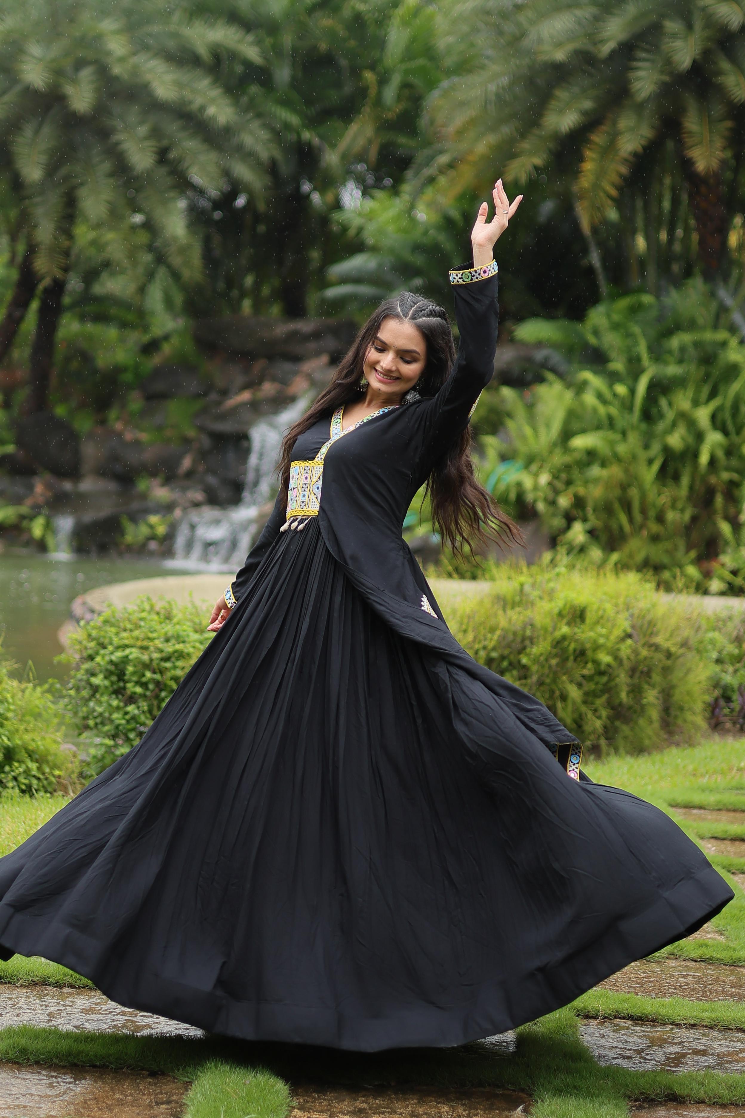 Lorenvalley Black Rayon Fabric With Kutchi Gamthi Lace Gown - Distacart