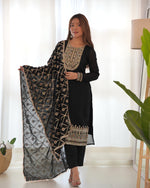 Thumbnail for Lorenvalley Black Vichitra Silk Embroidery Sequence and Dori Thread Work Kurta Trousers with Dupatta Set - Distacart