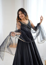 Thumbnail for Lorenvalley Fashion Black Pure Romansilk Chanderi Fabric Yoke Fancy Lace Work Anarkali Kurta Pant With Dupatta Set