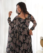 Thumbnail for Lorenvalley Pure Faux Georgette Multi Floral Print Fully Flared Anarkali Pant With Dupatta Set - Black - Distacart