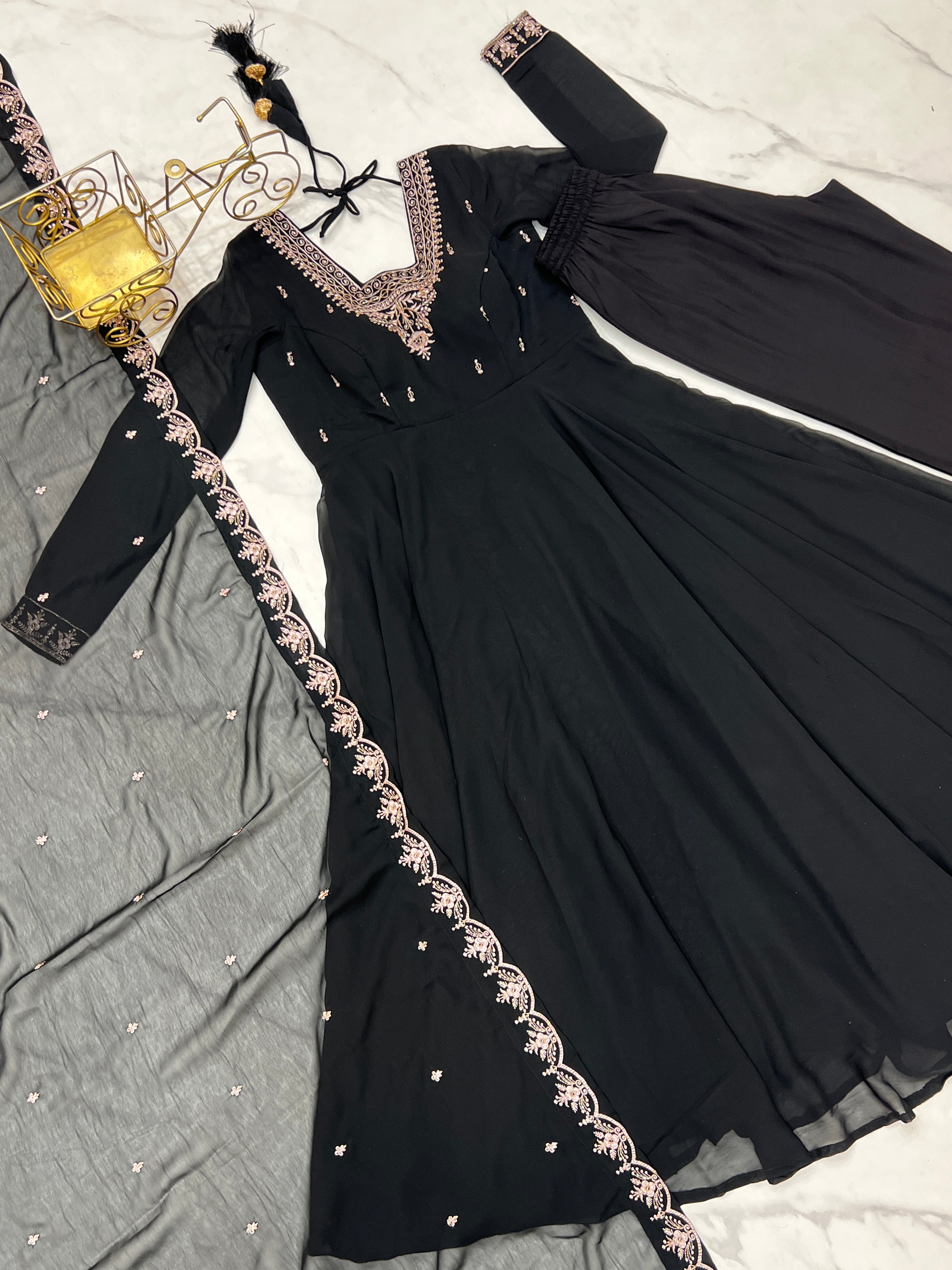 Lorenvalley Black Faux Georgette Fancy Embroidery Beads And Jari Work Anarkali Kurta Palazzo With Dupatta Set