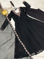Thumbnail for Lorenvalley Black Faux Georgette Fancy Embroidery Beads And Jari Work Anarkali Kurta Palazzo With Dupatta Set