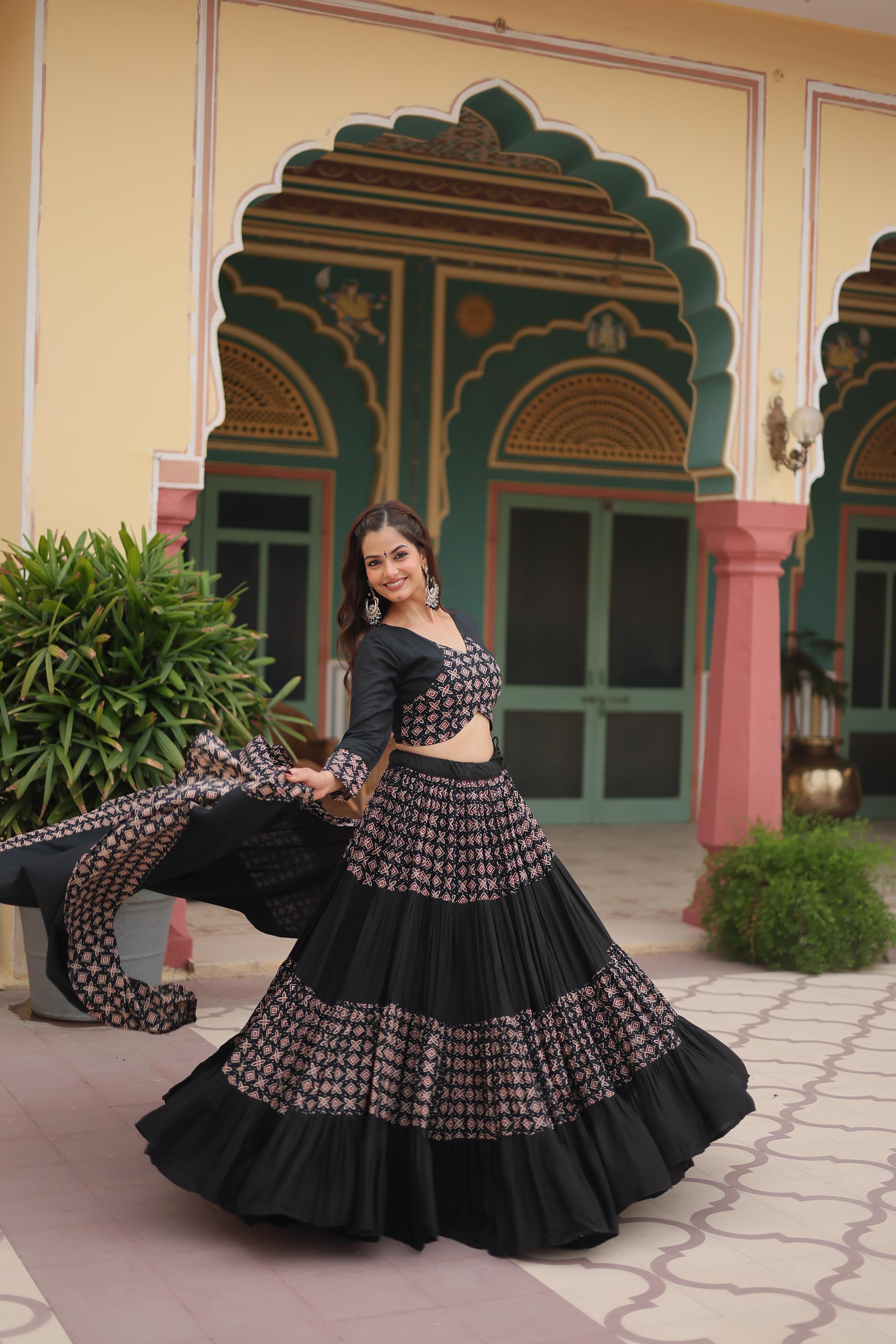 Lorenvalley Black Printed Rayon Navratri Collection Lehenga Choli with Dupatta - Distacart