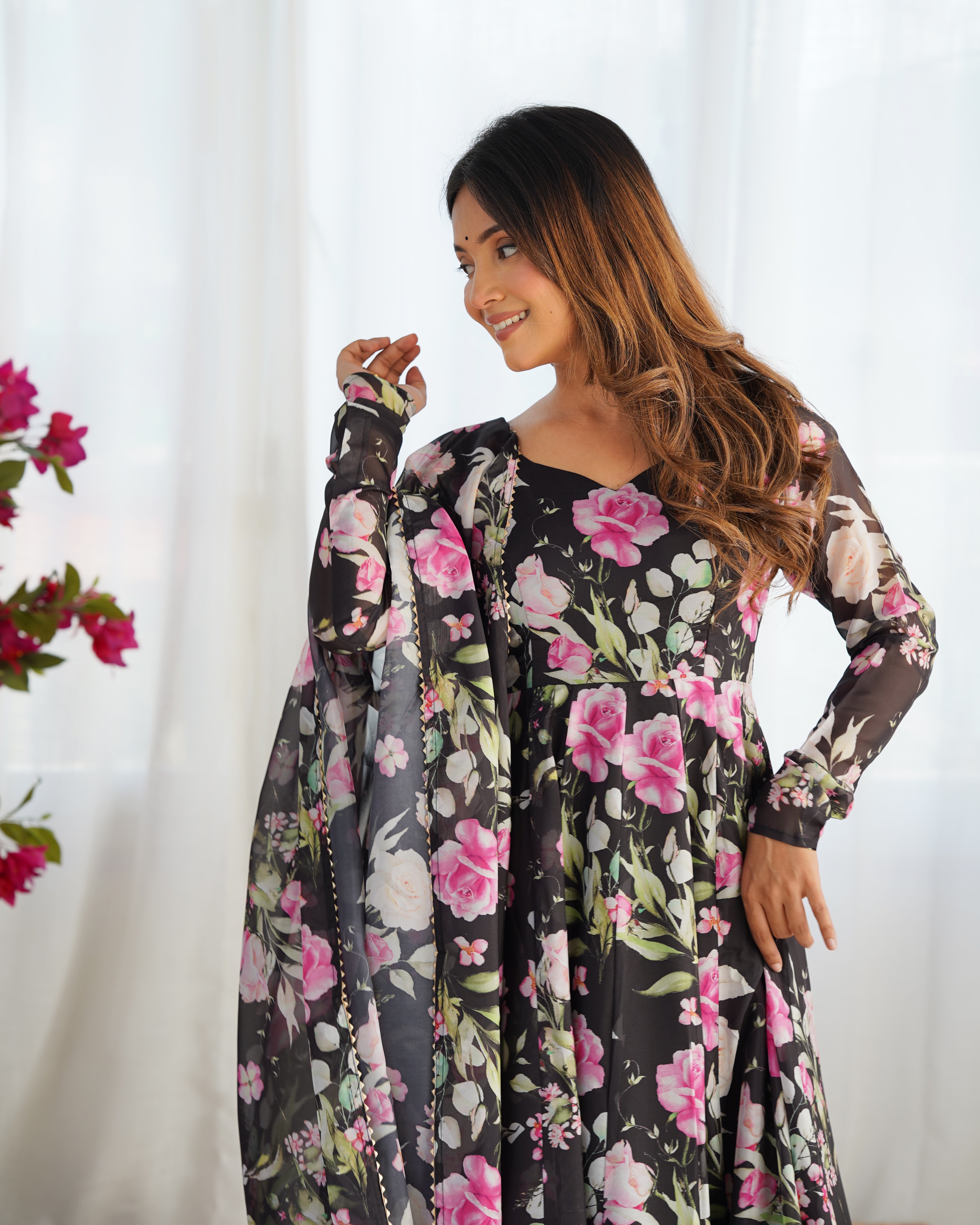 Lorenvalley Soft Organza Silk With Floral Print Fully Flared Anarkali Pant With Dupatta Set - Black - Distacart