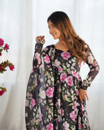 Thumbnail for Lorenvalley Soft Organza Silk With Floral Print Fully Flared Anarkali Pant With Dupatta Set - Black - Distacart