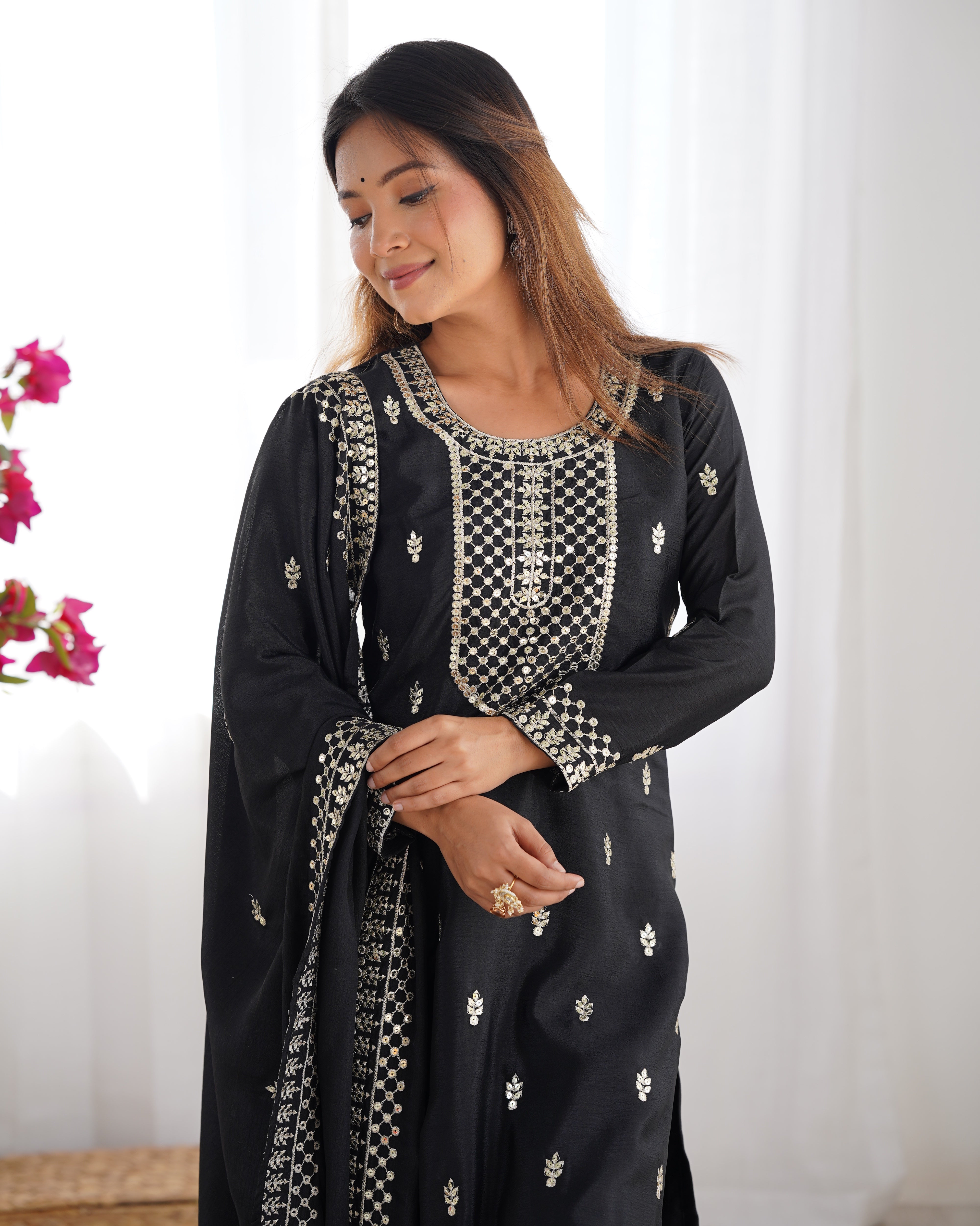 Lorenvalley Black Chinon Silk Embroidery Sequence and Jari Work Kurta Trousers with Dupatta Set