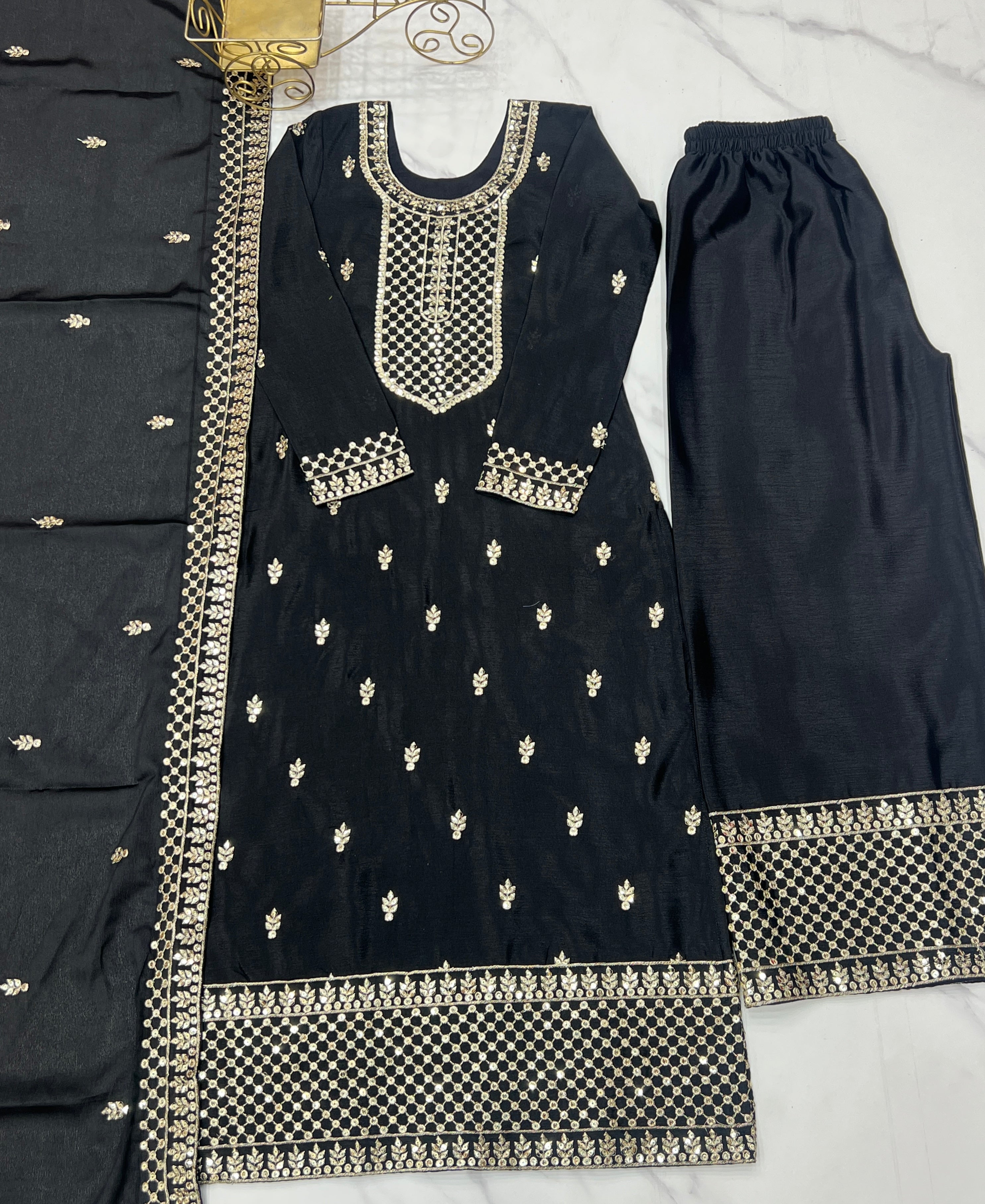 Lorenvalley Black Chinon Silk Embroidery Sequence and Jari Work Kurta Trousers with Dupatta Set