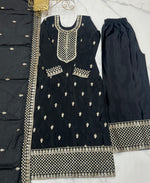 Thumbnail for Lorenvalley Black Chinon Silk Embroidery Sequence and Jari Work Kurta Trousers with Dupatta Set