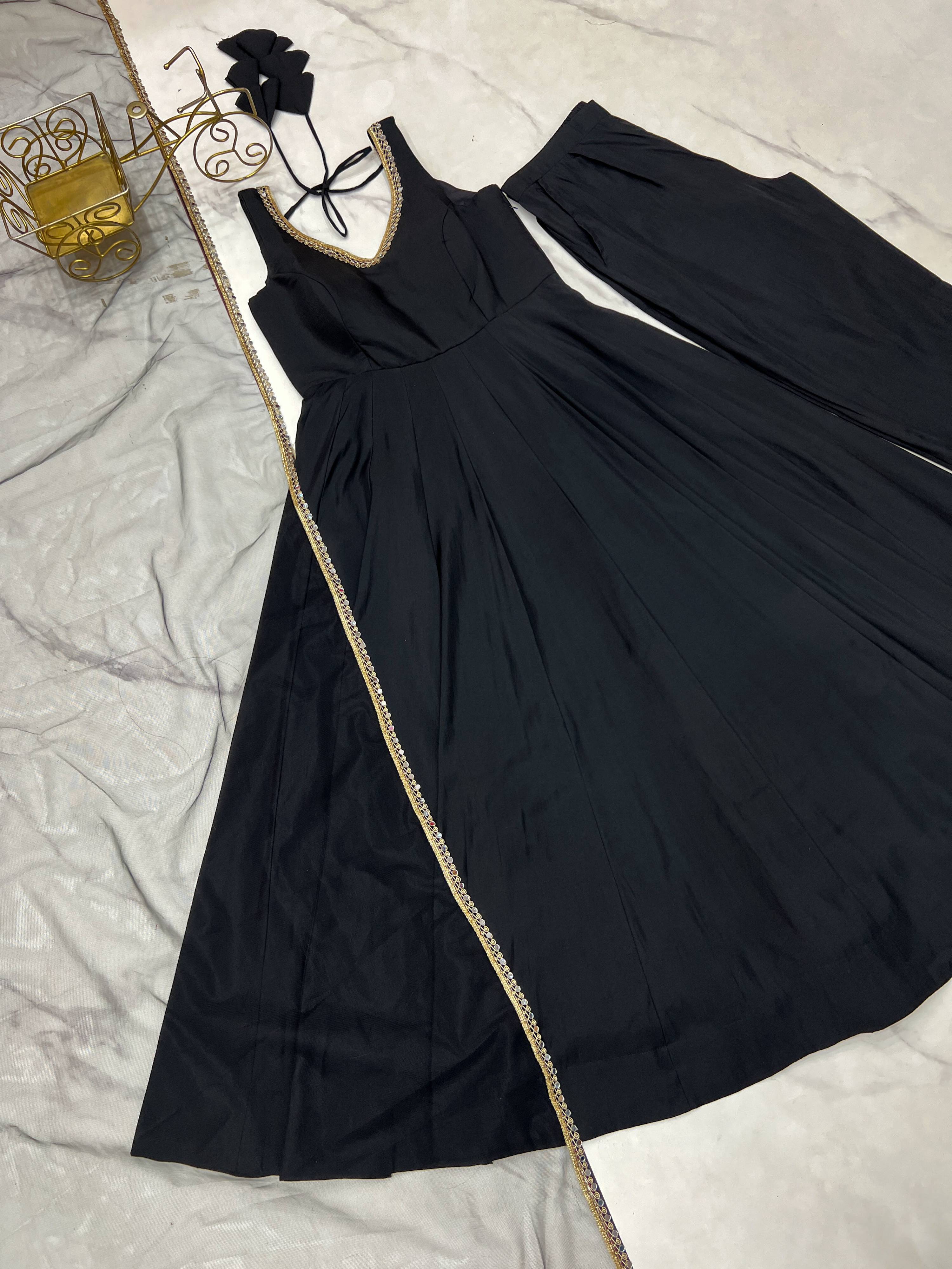 Lorenvalley Fashion Black Pure Romansilk Chanderi Fabric Yoke Fancy Lace Work Anarkali Kurta Pant With Dupatta Set