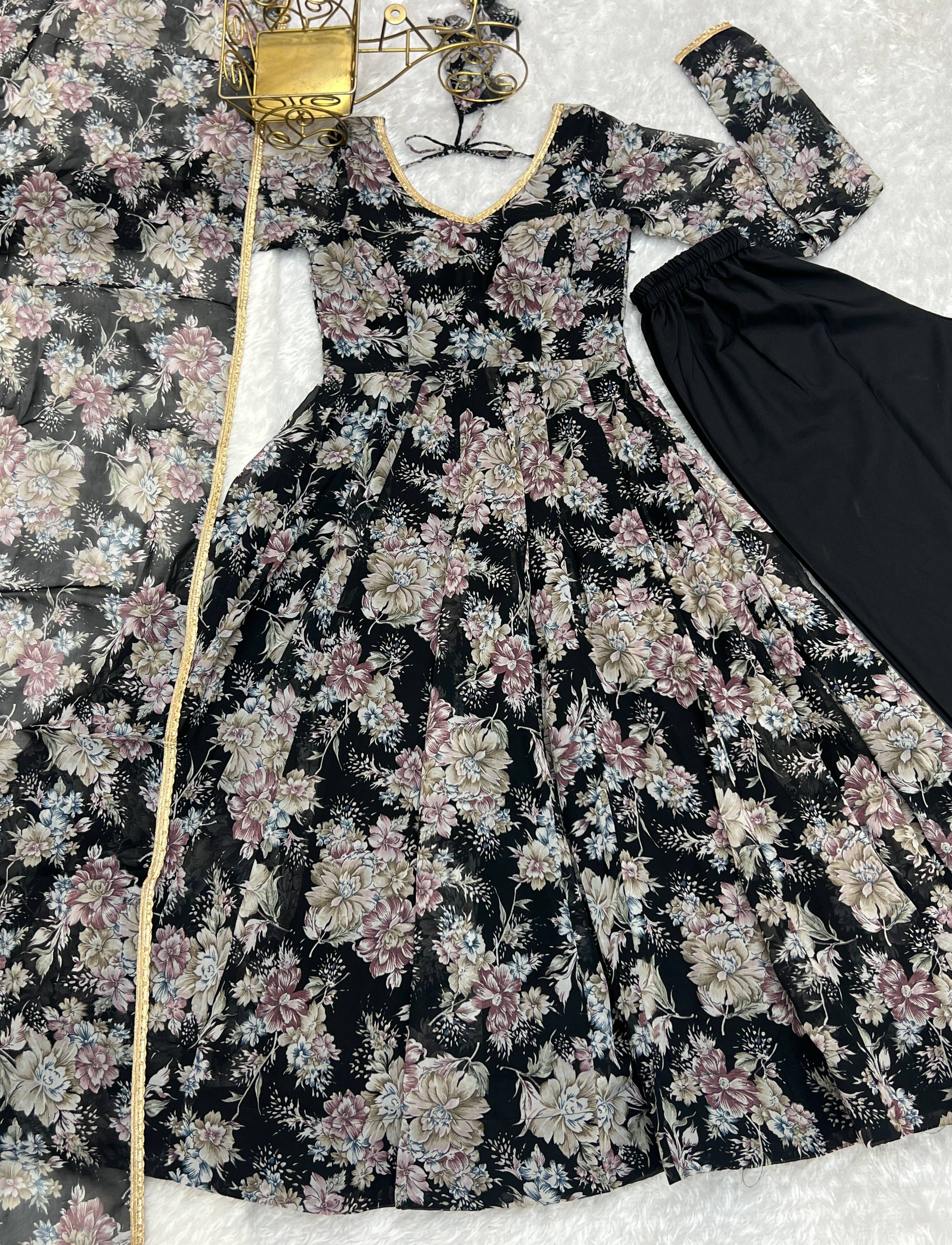 Lorenvalley Pure Faux Georgette Multi Floral Print Fully Flared Anarkali Pant With Dupatta Set - Black - Distacart