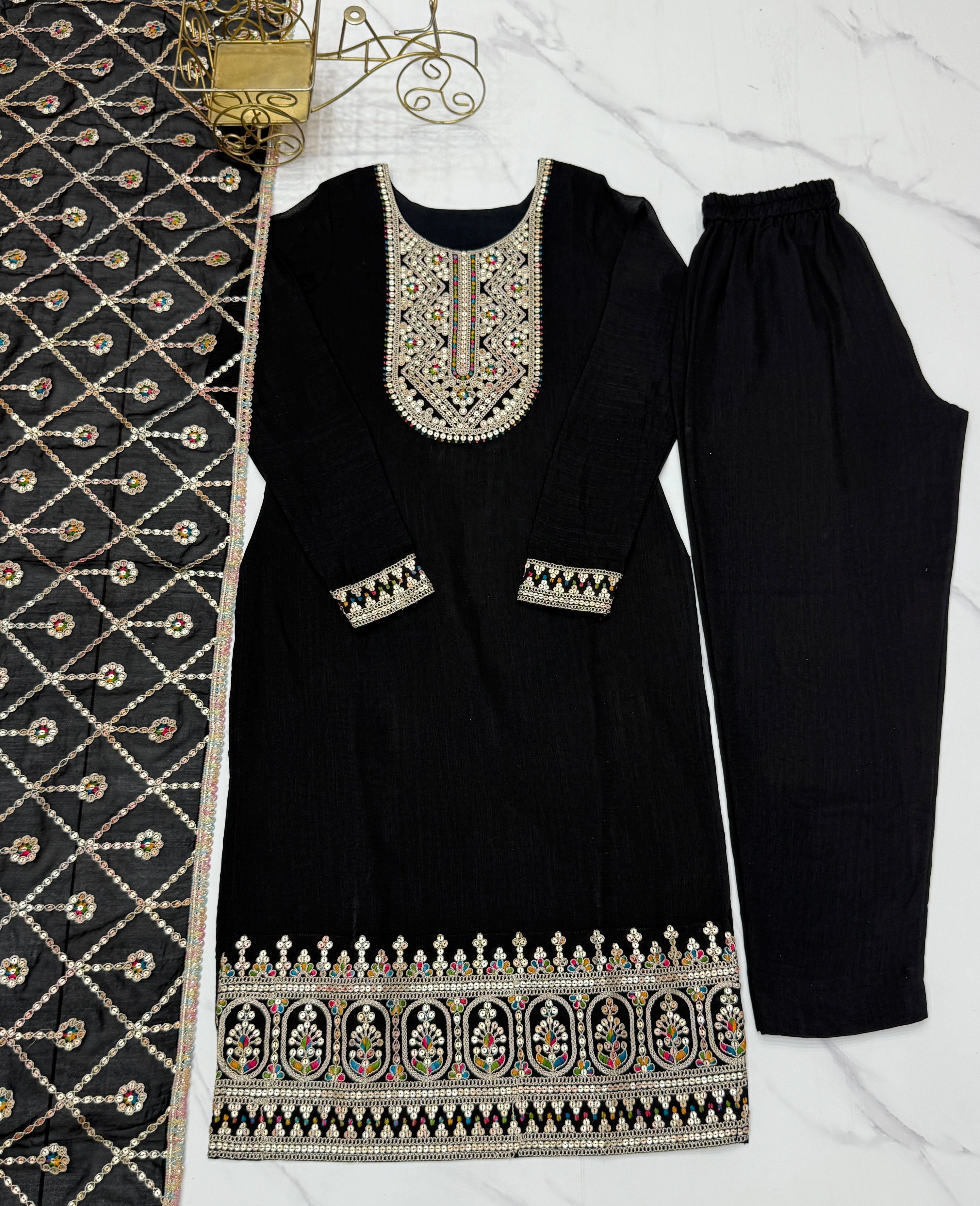 Lorenvalley Black Vichitra Silk Embroidery Sequence and Dori Thread Work Kurta Trousers with Dupatta Set - Distacart
