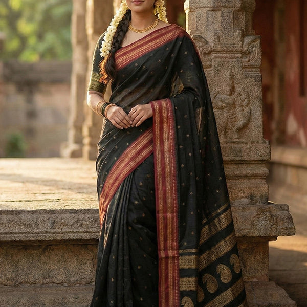 Anaita Black Silk Woven Saree With Blouse - Distacart