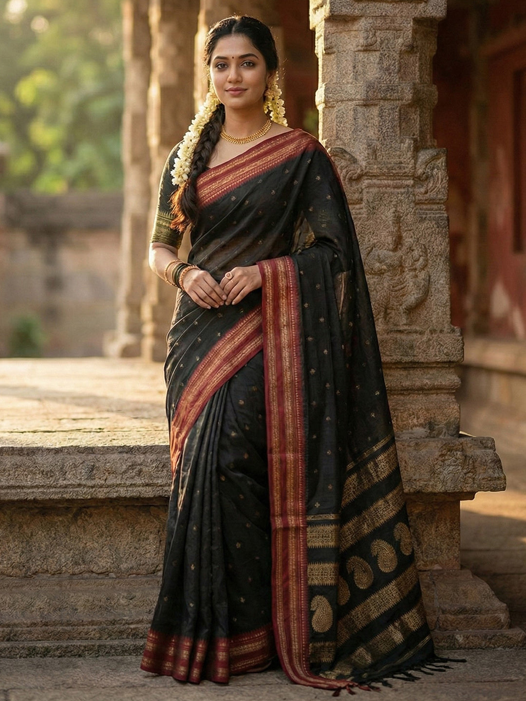 Anaita Black Silk Woven Saree With Blouse - Distacart