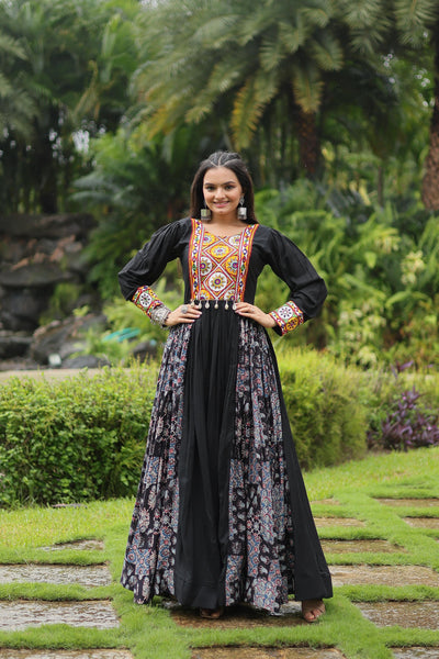 Lorenvalley Black Rayon Contrast of Printed with Kutchi Gamthi work Gown