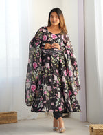 Thumbnail for Lorenvalley Soft Organza Silk With Floral Print Fully Flared Anarkali Pant With Dupatta Set - Black - Distacart