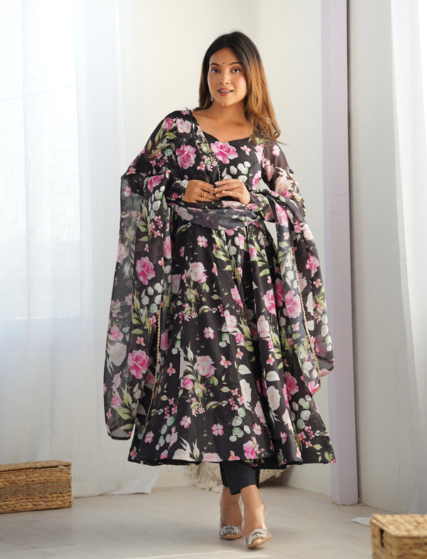 Lorenvalley Soft Organza Silk With Floral Print Fully Flared Anarkali Pant With Dupatta Set - Black - Distacart