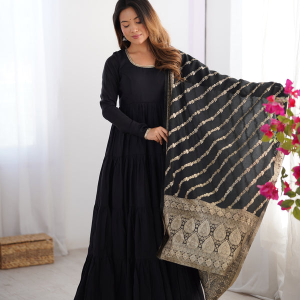 Lorenvalley Women Pure Roman silk Chanderi Fabric Layer Gathering Anarkali Kurta Pant With Dupatta Set - Distacart