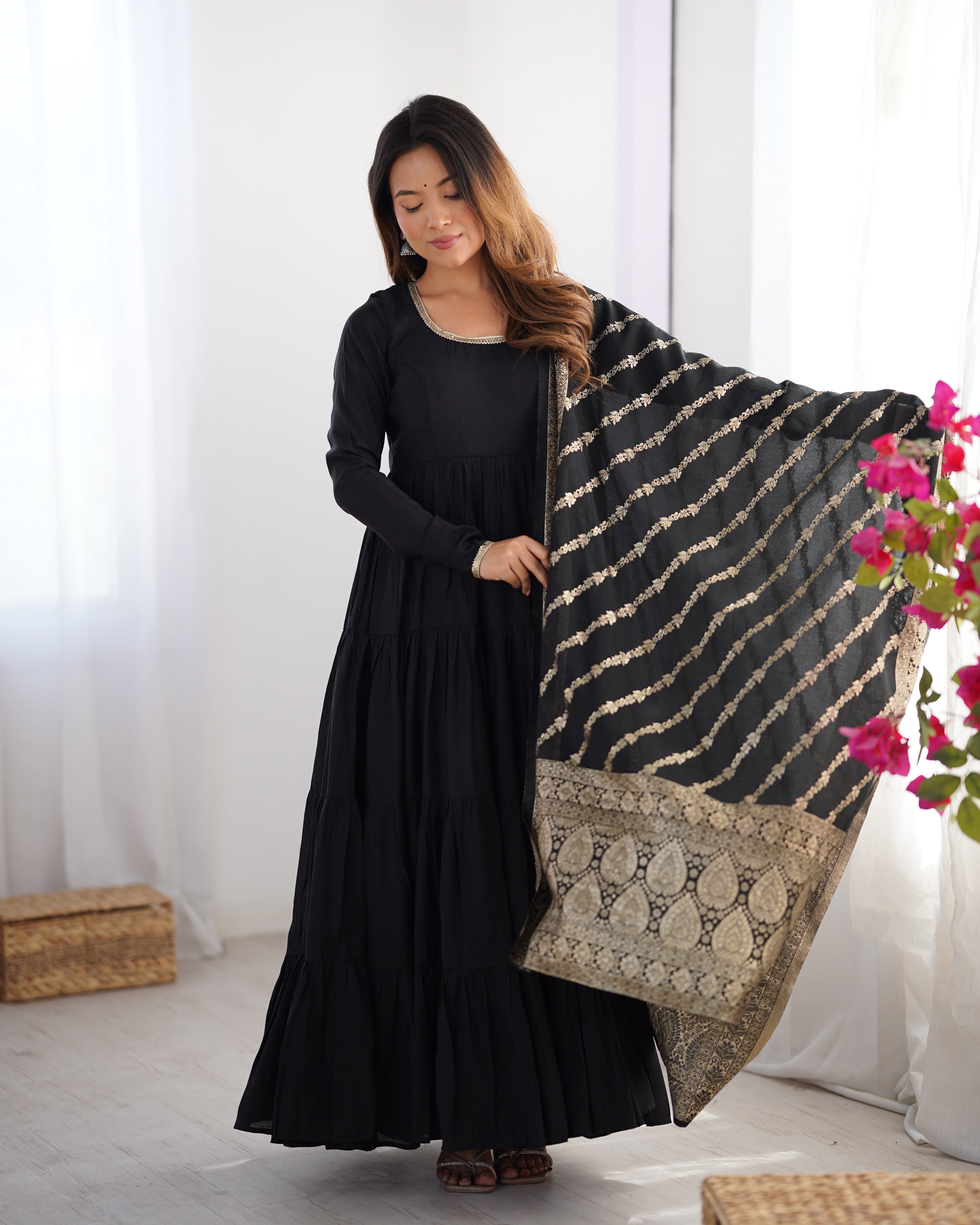 Lorenvalley Women Pure Roman silk Chanderi Fabric Layer Gathering Anarkali Kurta Pant With Dupatta Set - Distacart