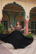 Thumbnail for Lorenvalley Black Rayon Fabric with Kutchi Gamthi Kodi work Gown