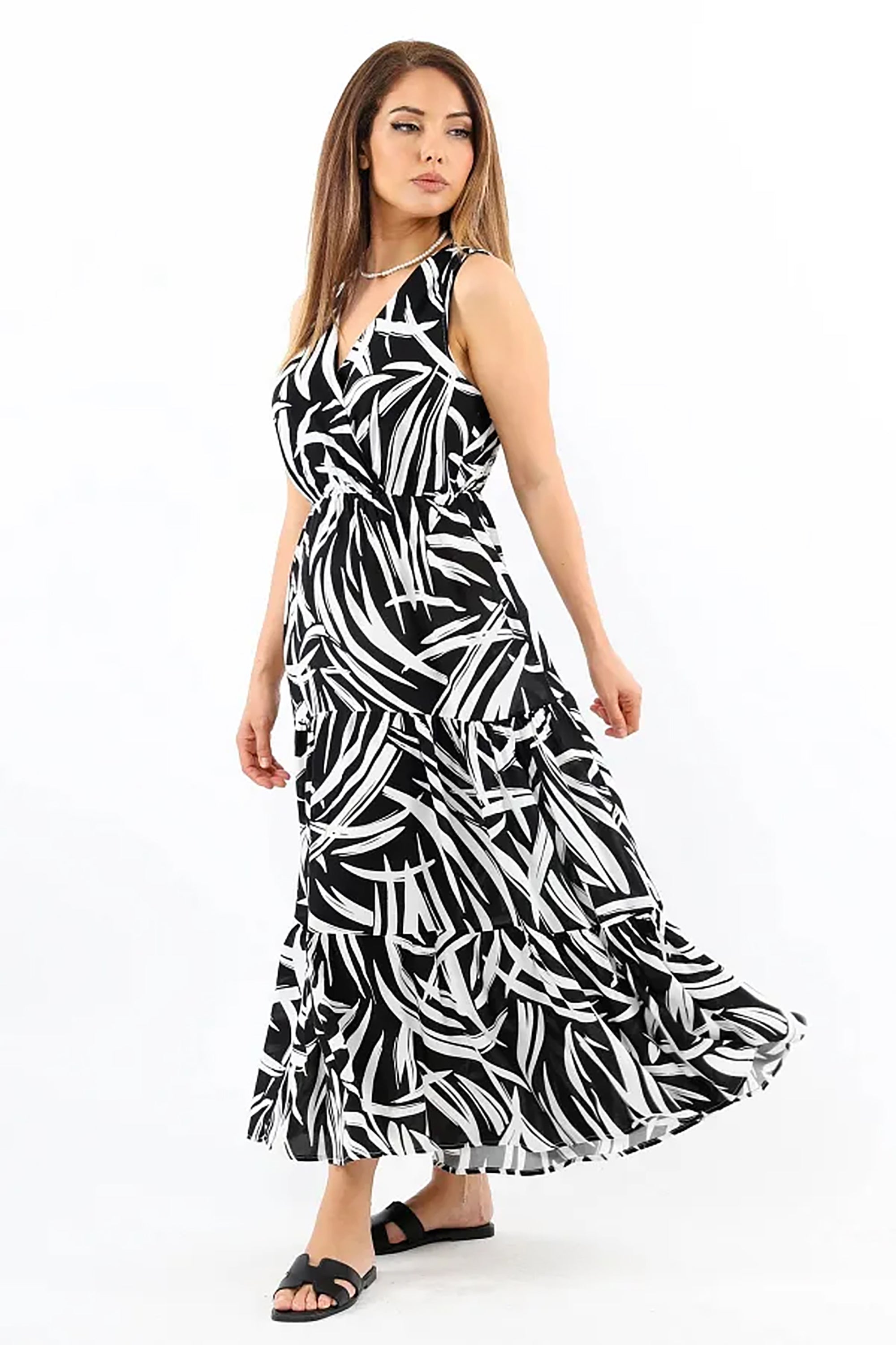 Pimu Viscose Patterned Summer Dress - Elastic Waist, V-Neck - Black