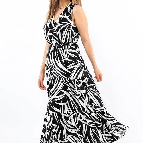 Pimu Viscose Patterned Summer Dress - Elastic Waist, V-Neck - Black