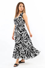 Thumbnail for Pimu Viscose Patterned Summer Dress - Elastic Waist, V-Neck - Black
