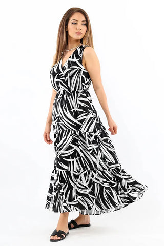 Pimu Viscose Patterned Summer Dress - Elastic Waist, V-Neck - Black