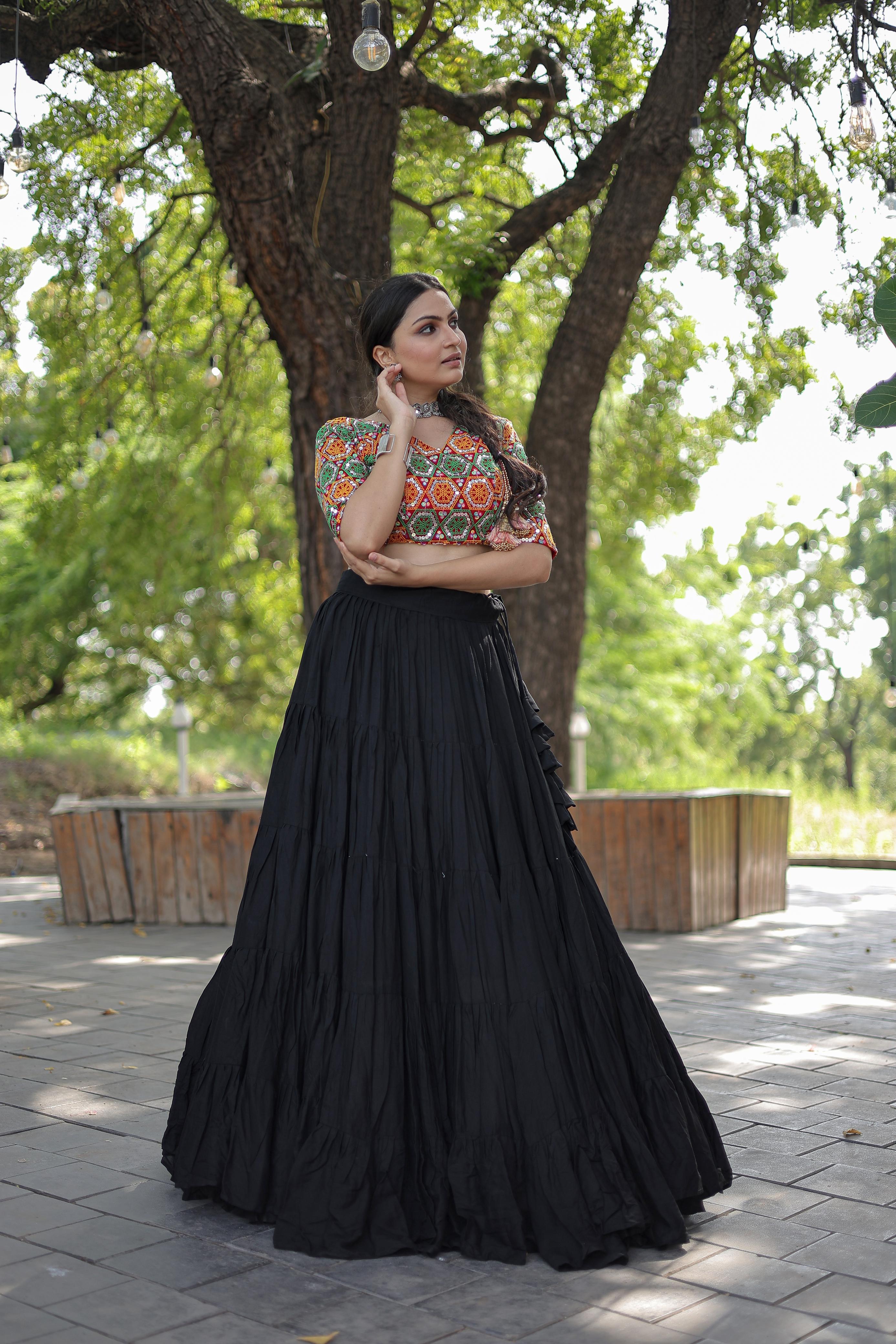 Lorenvalley Black Premium Rayon Lehenga with Georgette Embroidered Traditional Thread work Choli - Distacart