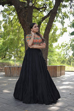 Thumbnail for Lorenvalley Black Premium Rayon Lehenga with Georgette Embroidered Traditional Thread work Choli - Distacart