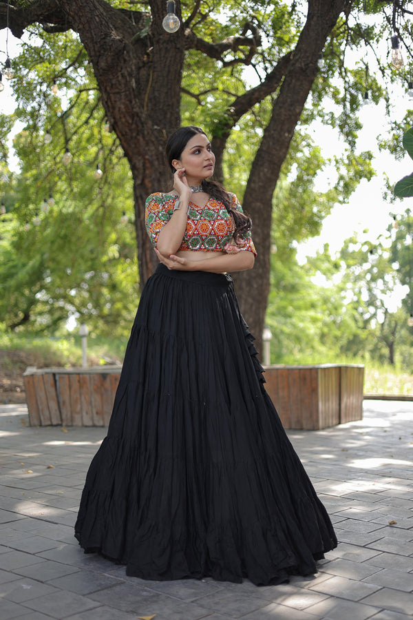Lorenvalley Black Premium Rayon Lehenga with Georgette Embroidered Traditional Thread work Choli - Distacart